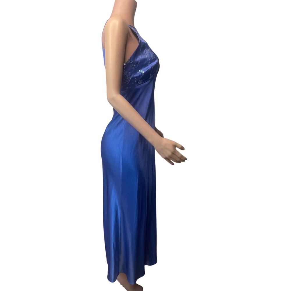 Zum Zum Satin Maxi Dress Blue Sequin Halter Open Back Vintage Y2K Formal 13-14 - Picture 9 of 16